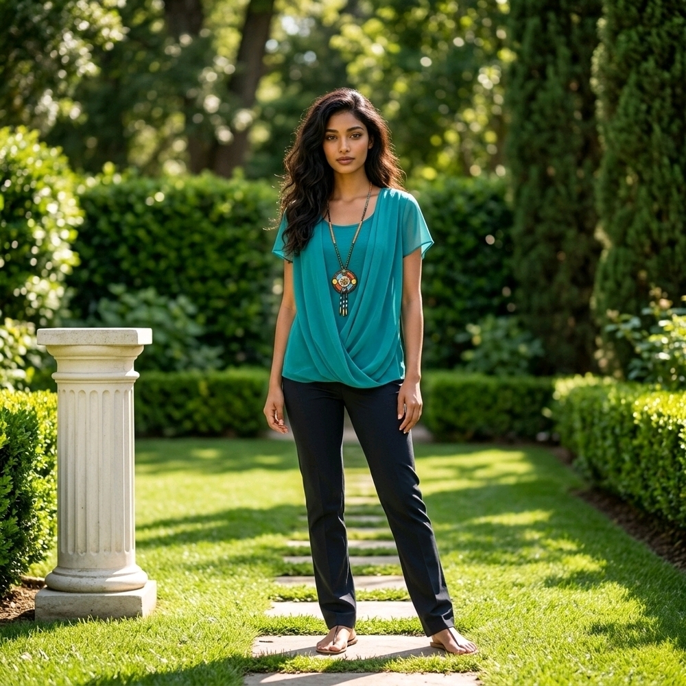 New Directions Teal Draped Short-Sleeve Blouse long beaded statement necklace Sm - Picture 3 of 15